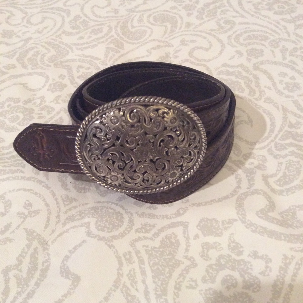 Western leather belt and buckle cross tooling xl